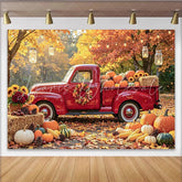 Lofaris Red Vintage Truck Thanksgiving Backdrop with Pumpkins and Fall Leaves Cozy Autumn Harvest Background for Party Decor and Photoshoot