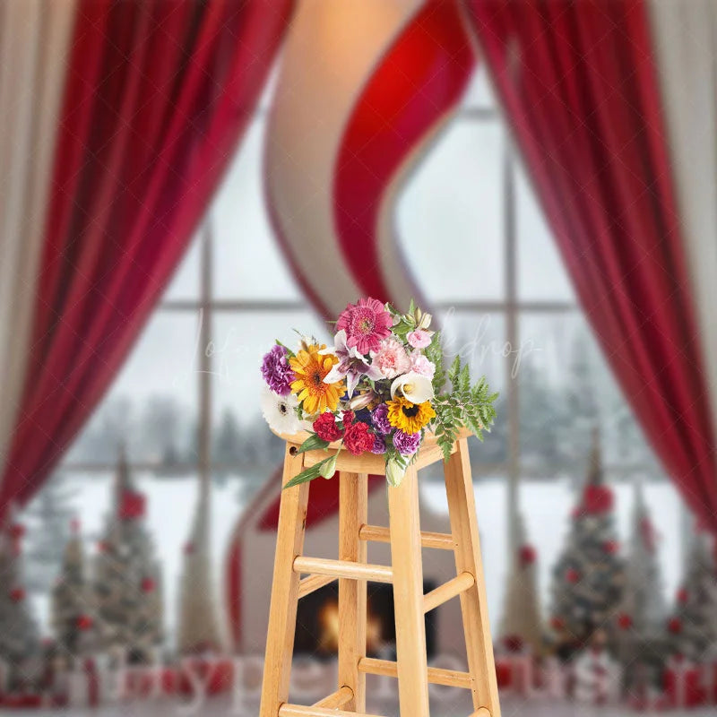 Lofaris Red White Curtain Fireplace Window Christmas Backdrop