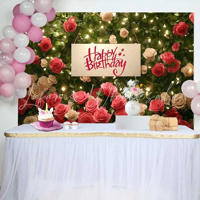 Lofaris Red White Rose Floral Wall Happy Birthday Backdrop Warm Fairy Lights Womens Party Photography Background