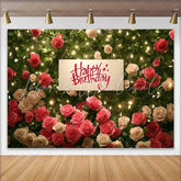 Lofaris Red White Rose Floral Wall Happy Birthday Backdrop Warm Fairy Lights Womens Party Photography Background