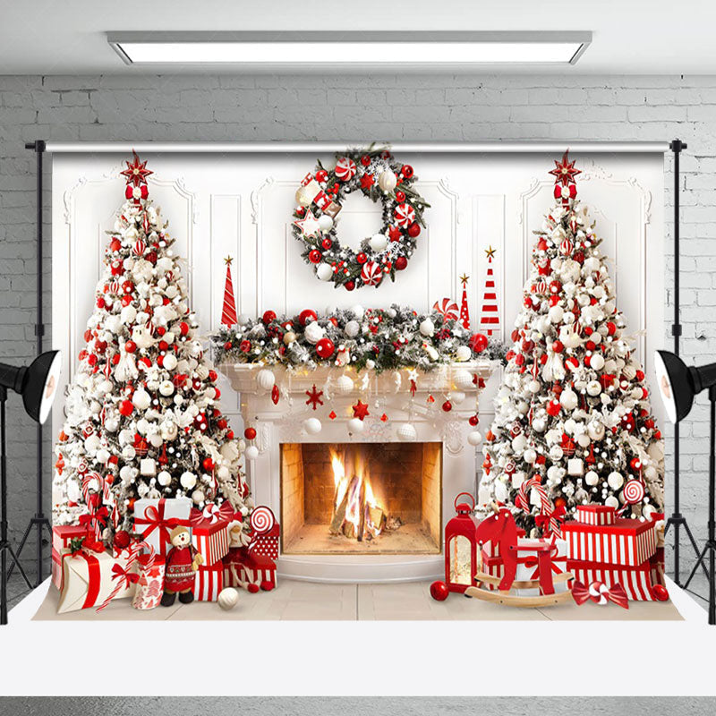 Lofaris Red White Wreath Tree Fireplace Christmas Backdrop
