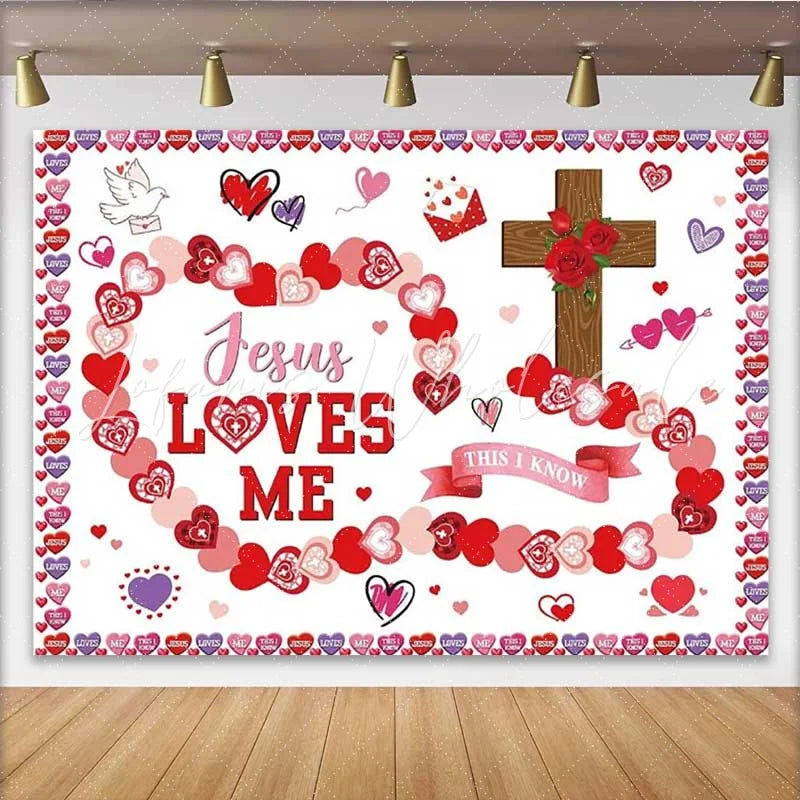 Lofaris Religious Jesus Loves Me Valentines Day Backdrop Cross and Hearts Religious Party Decoration Background