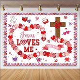 Lofaris Religious Jesus Loves Me Valentines Day Backdrop Cross and Hearts Religious Party Decoration Background