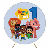 Lofaris Remy and Friends First Birthday Round Backdrop Cartoon Lion and Elephant Kids Educational Show Party Decor