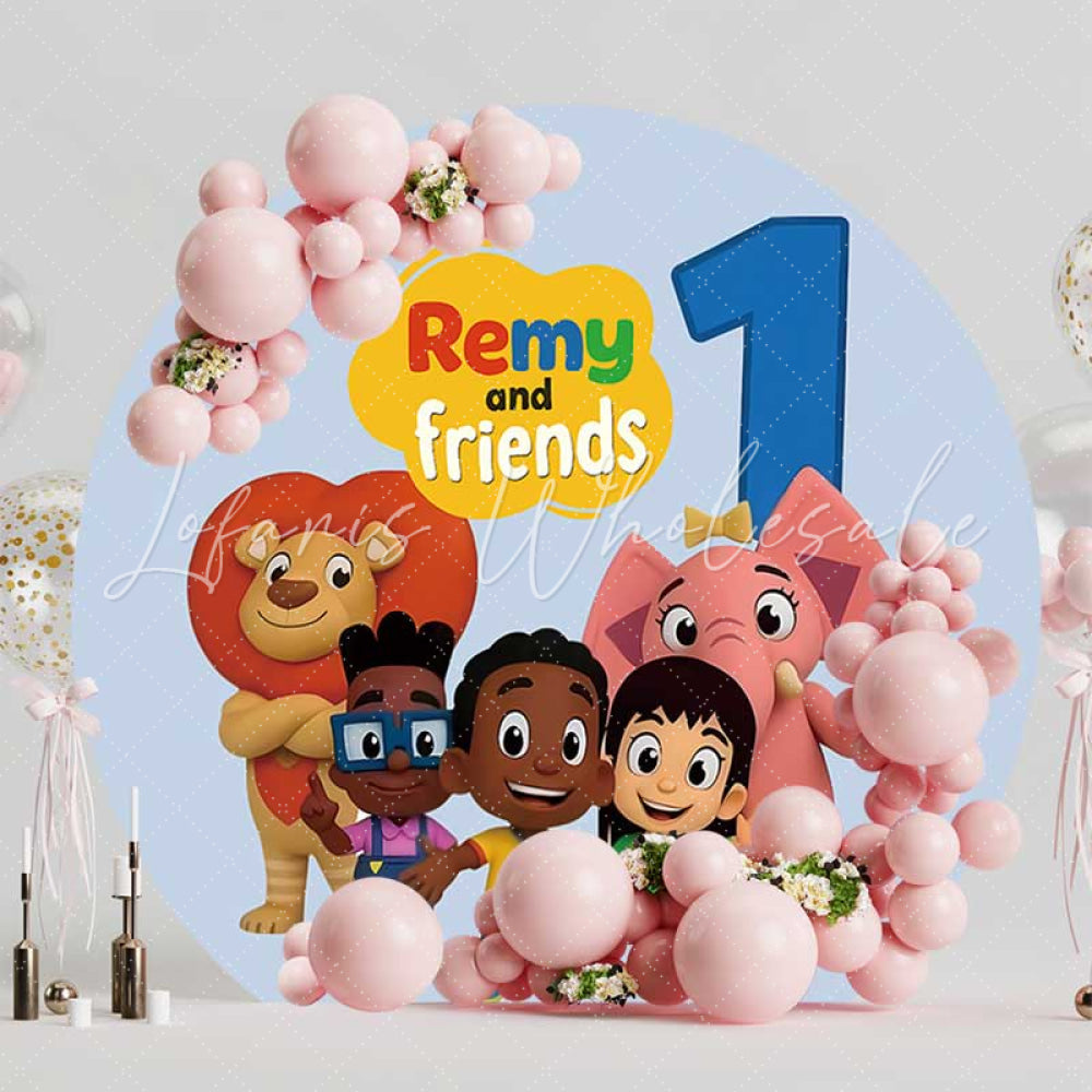 Lofaris Remy and Friends First Birthday Round Backdrop Cartoon Lion and Elephant Kids Educational Show Party Decor