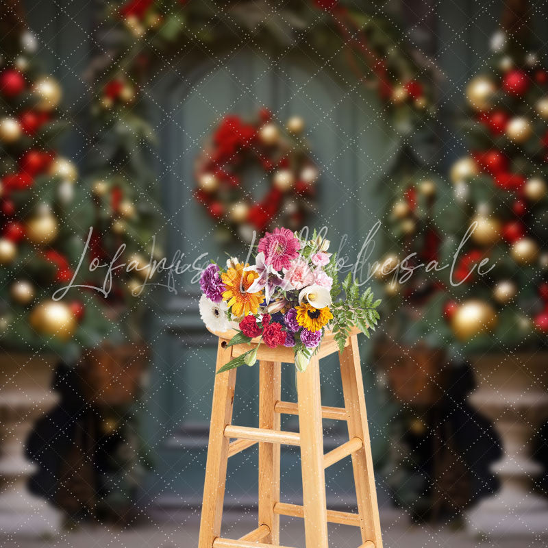 Lofaris Retro Blue Door Trees Celebrates Christmas Backdrop