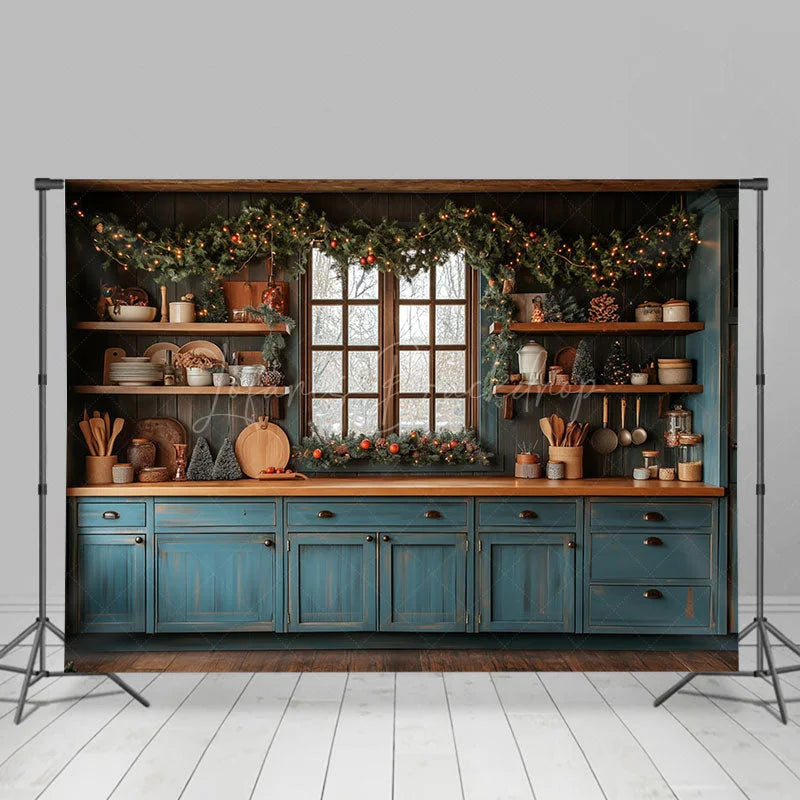 Lofaris Retro Blue Kitchen Pine Leaves Christmas Backdrop