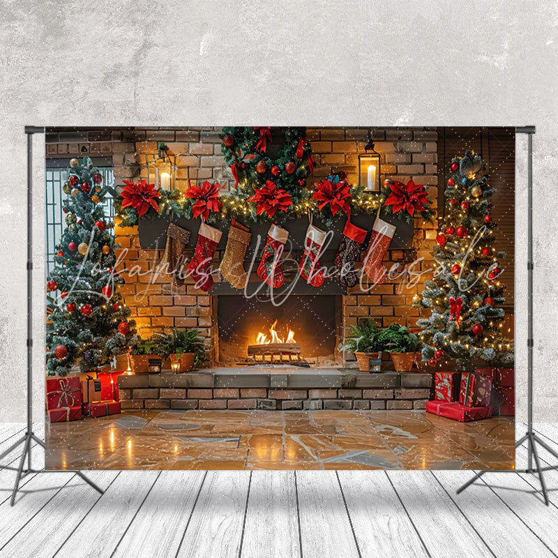Lofaris Retro Brick Fireplace Candlelight Christmas Backdrop