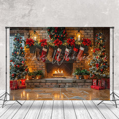 Lofaris Retro Brick Fireplace Candlelight Christmas Backdrop