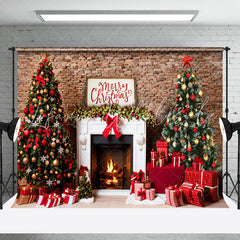Lofaris Retro Brick Wall Fireplace Merry Christmas Backdrop