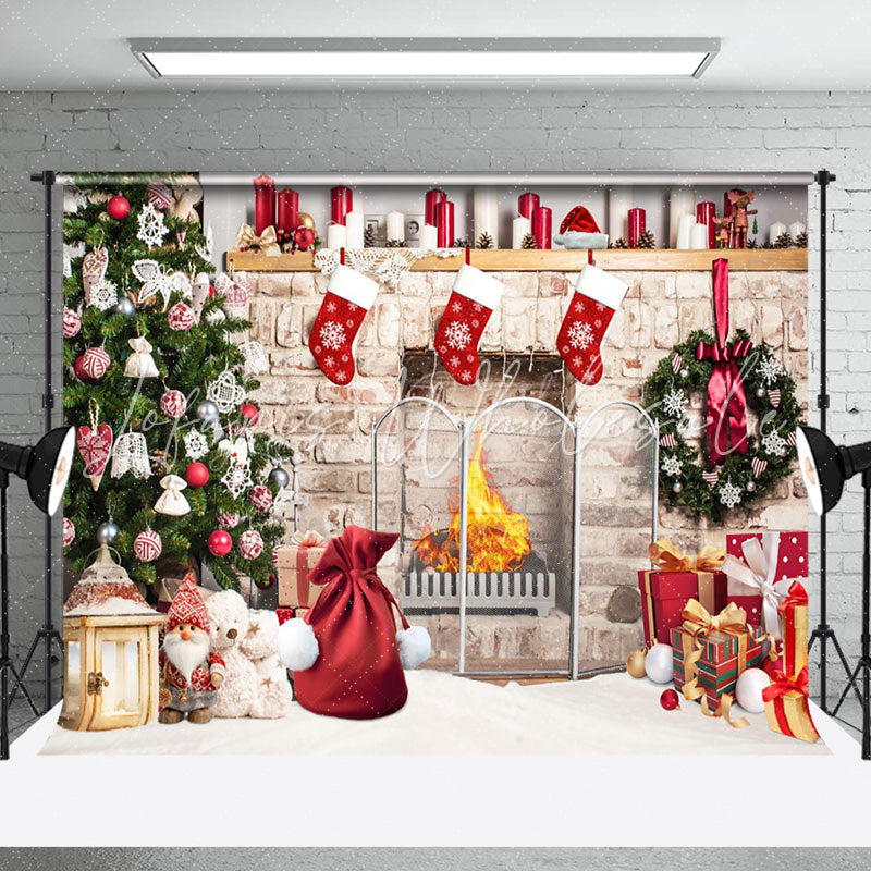 Lofaris Retro Bricks Fireplace Christmas Vibe Room Backdrop