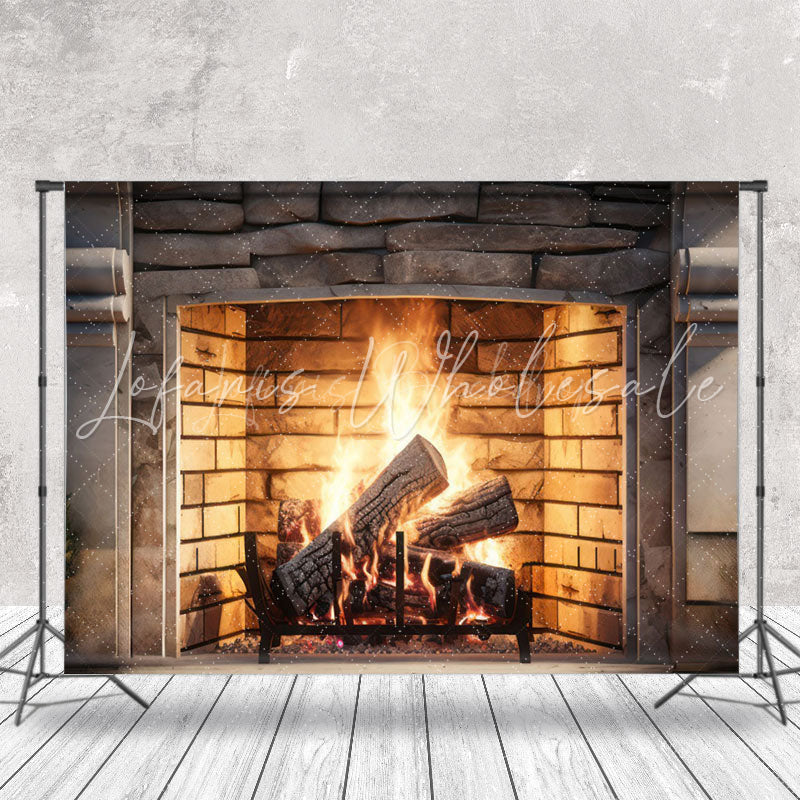 Lofaris Retro Bricks Fireplace Warm Vibe Christmas Backdrop