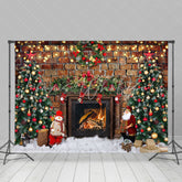 Lofaris Retro Bricks Wall Fireplace Trees Christmas Backdrop