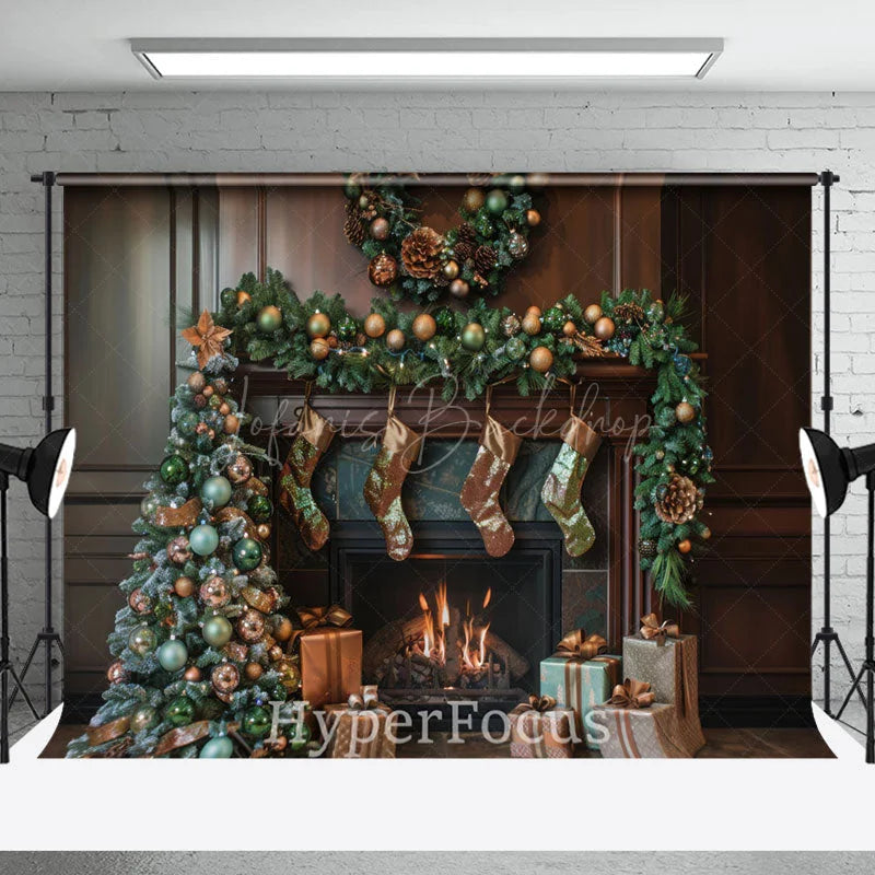Lofaris Retro Brown Fireplace Tree Gifts Christmas Backdrop