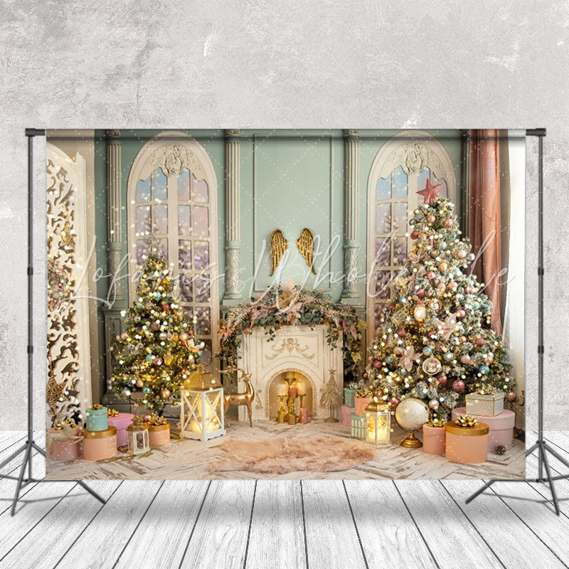 Lofaris Retro Fireplace Green Wall Gold Christmas Backdrop