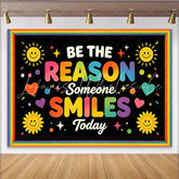 Lofaris Retro Groovy Quote Photography Backdrop with Smiling Suns and Hearts Be The Reason Someone Smiles Today for Studio Photoshoot
