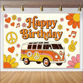 Lofaris Retro Hippie Happy Birthday Backdrop with Vintage Van and Peace Signs Groovy 70s Party Decor for Photoshoot.