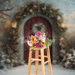 Lofaris Retro Red Door Snowy Trees Christmas Photo Backdrop