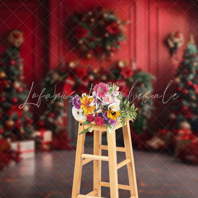 Lofaris Retro Red Room Fireplace Festive Christmas Backdrop