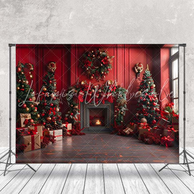 Lofaris Retro Red Room Fireplace Festive Christmas Backdrop