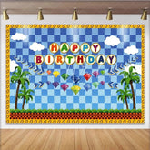 Lofaris Retro Video Game Happy Birthday Backdrop Blue Checkered Tropical Island and Gems Party Decor