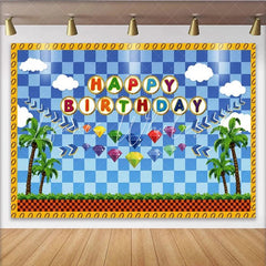 Lofaris Retro Video Game Happy Birthday Backdrop Blue Checkered Tropical Island and Gems Party Decor