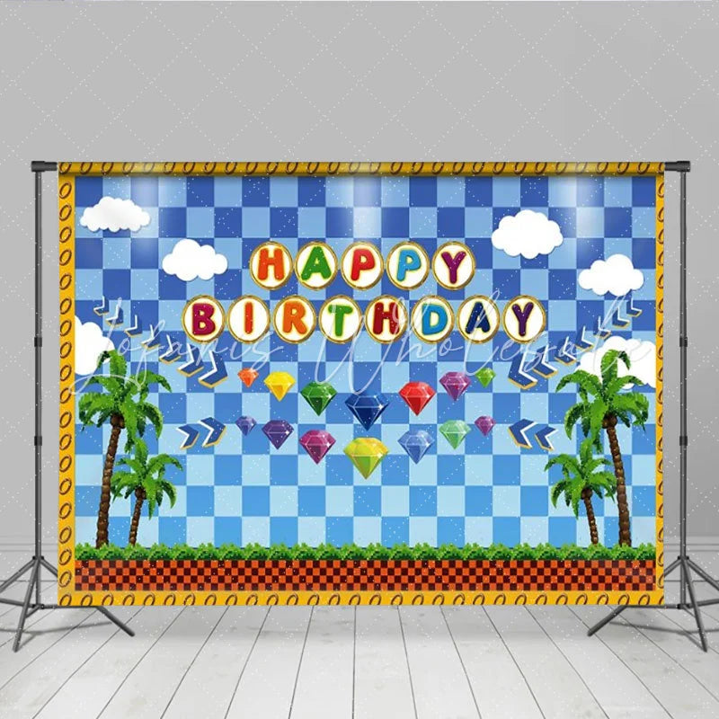 Lofaris Retro Video Game Happy Birthday Backdrop Blue Checkered Tropical Island and Gems Party Decor