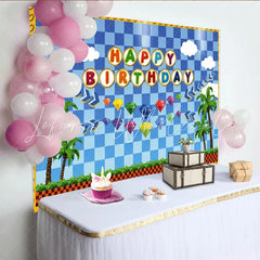 Lofaris Retro Video Game Happy Birthday Backdrop Blue Checkered Tropical Island and Gems Party Decor