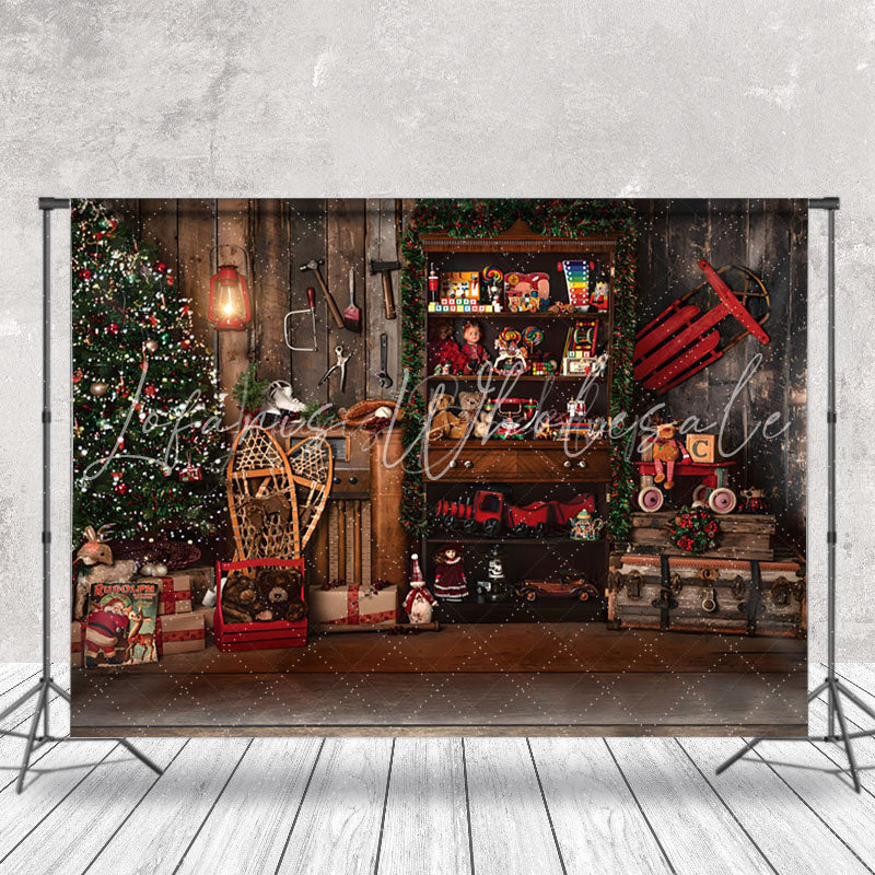 Lofaris Retro Wooden Santa Workshop Christmas Night Backdrop