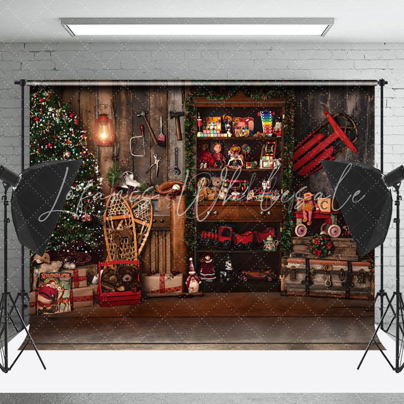 Lofaris Retro Wooden Santa Workshop Christmas Night Backdrop