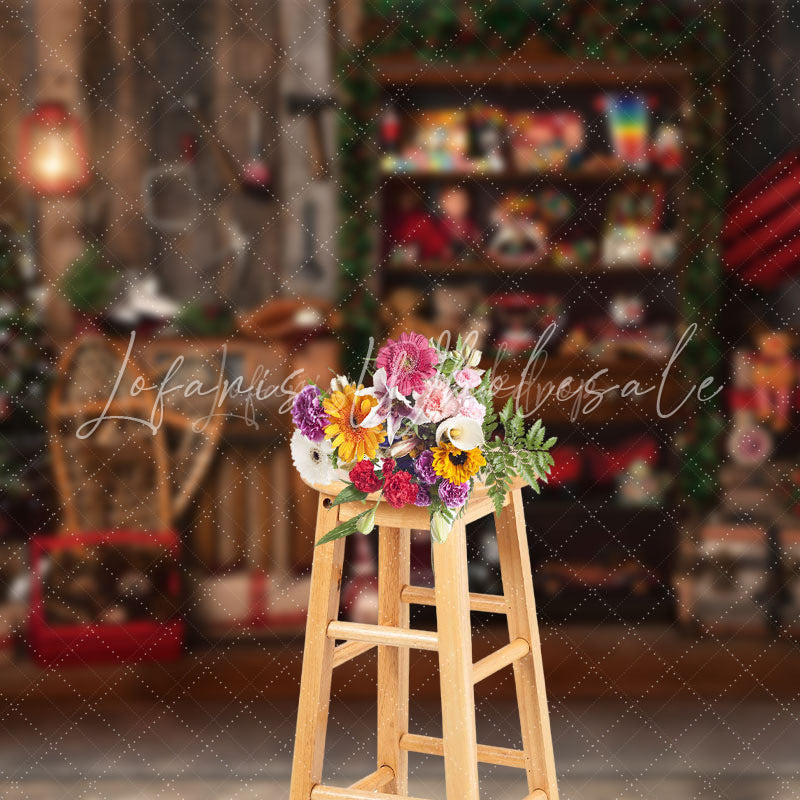 Lofaris Retro Wooden Santa Workshop Christmas Night Backdrop
