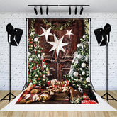 Lofaris Retro Wooden Xmas Tree Bears Christmas Backdrop