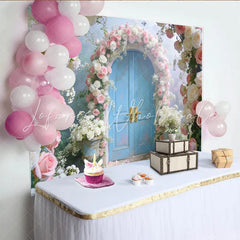 Lofaris Romantic Blue Door Floral Photography Backdrop with Pink and White Roses Elegant Garden Arch Background for Wedding