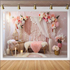 Lofaris Romantic Boho Macrame Photography Backdrop Pink Flowers and Candlelight Photo Background