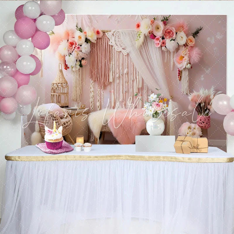 Lofaris Romantic Boho Macrame Photography Backdrop Pink Flowers and Candlelight Photo Background