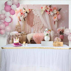 Lofaris Romantic Boho Macrame Photography Backdrop Pink Flowers and Candlelight Photo Background