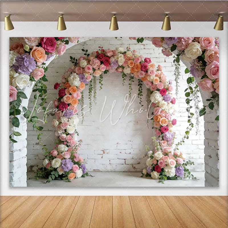 Lofaris Romantic Floral Arch Photography Backdrop for Wedding White Brick Wall Background for Bridal Shower