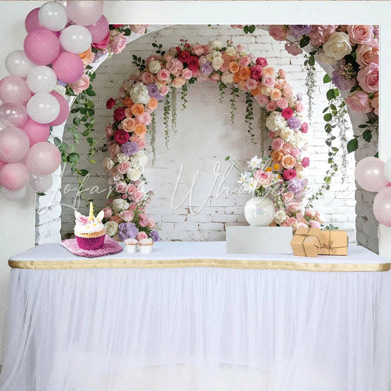 Lofaris Romantic Floral Arch Photography Backdrop for Wedding White Brick Wall Background for Bridal Shower