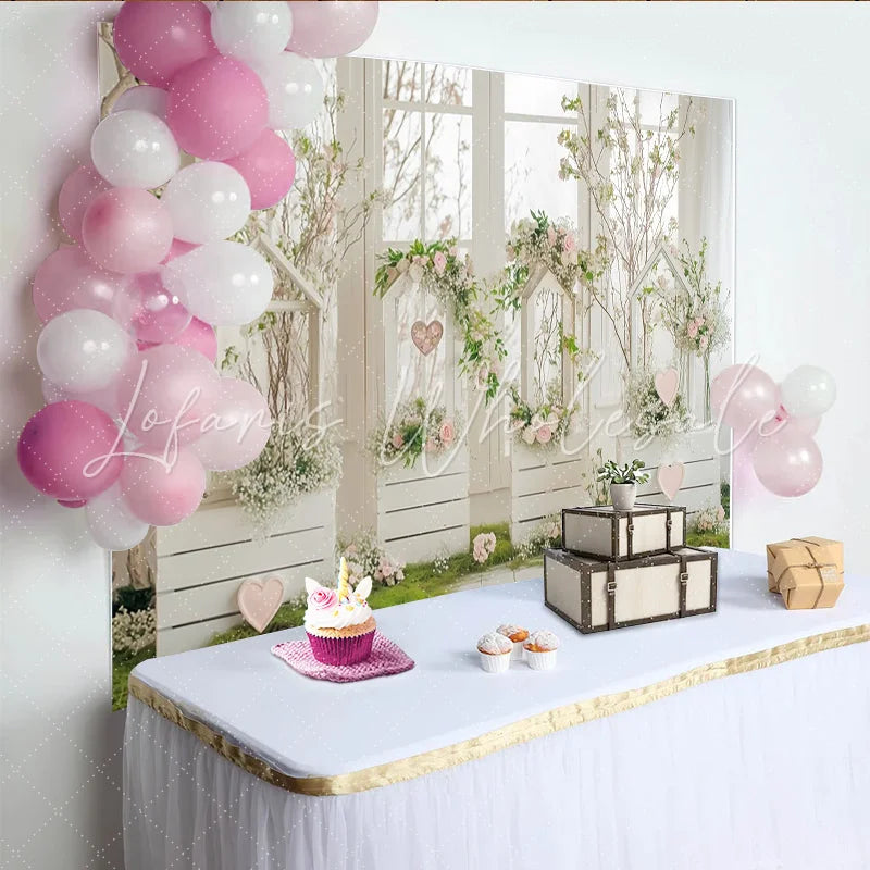 Lofaris Romantic Floral Photography Backdrop with White Wooden Crates and Pink Flowers Elegant Spring Photo Background for Studio