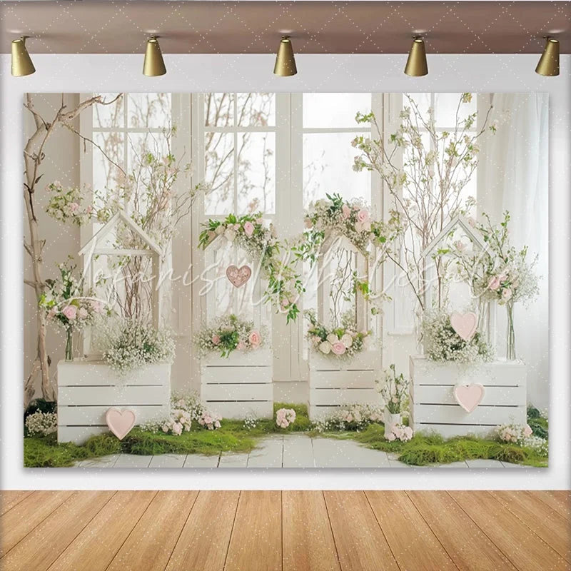 Lofaris Romantic Floral Photography Backdrop with White Wooden Crates and Pink Flowers Elegant Spring Photo Background for Studio