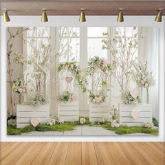 Lofaris Romantic Floral Photography Backdrop with White Wooden Crates and Pink Flowers Elegant Spring Photo Background for Studio