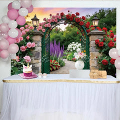 Lofaris Romantic Garden Floral Photography Backdrop with Stone Arch and Roses Elegant Nature Background for Studio Photoshoot