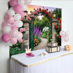 Lofaris Romantic Garden Floral Photography Backdrop with Stone Arch and Roses Elegant Nature Background for Studio Photoshoot