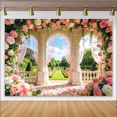 Lofaris Romantic Garden Wedding Backdrop with Pink Roses and Arches Elegant Floral Photography Background for Bridal Shower or Party