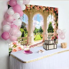 Lofaris Romantic Garden Wedding Backdrop with Pink Roses and Arches Elegant Floral Photography Background for Bridal Shower or Party