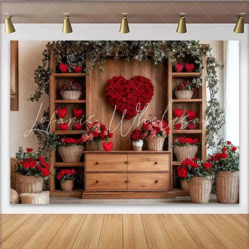 Lofaris Romantic Heart Rose Backdrop Wooden Wall with Red Rose Heart and Floral Decor Banner