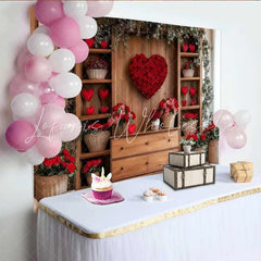 Lofaris Romantic Heart Rose Backdrop Wooden Wall with Red Rose Heart and Floral Decor Banner