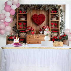 Lofaris Romantic Heart Rose Backdrop Wooden Wall with Red Rose Heart and Floral Decor Banner