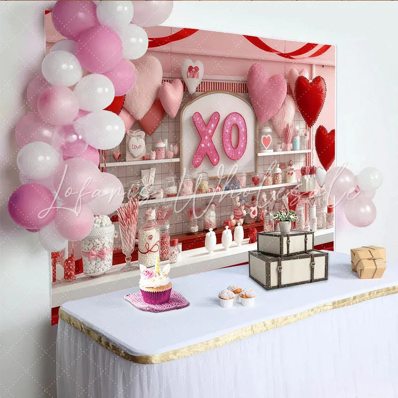 Lofaris Romantic Pink and Red Hearts with Glitter XO Sign Party Backdrop Sweet Candy Shop Valentine’s Day Decor