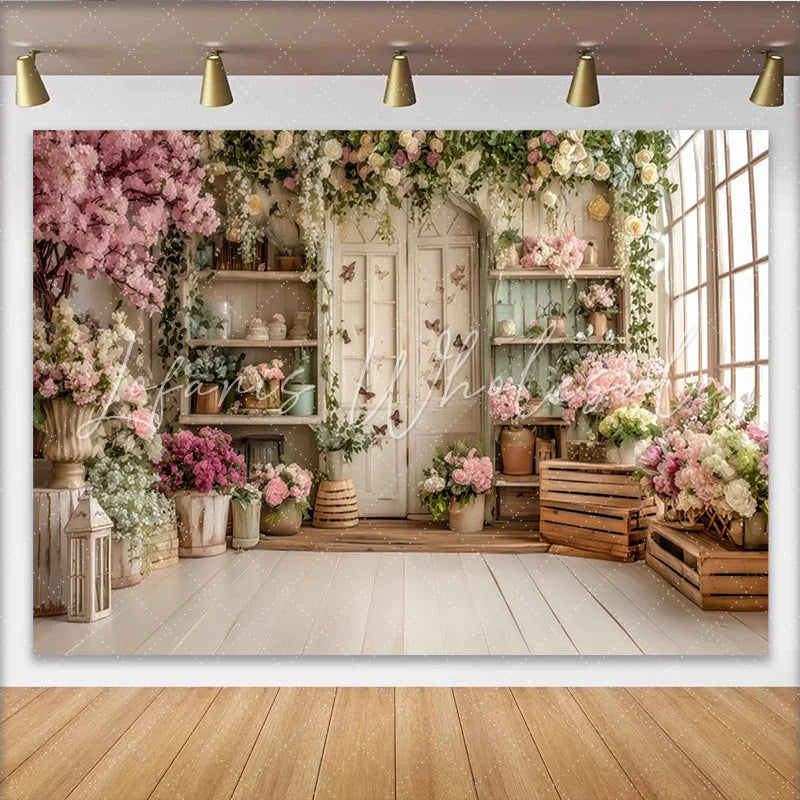 Lofaris Romantic Pink and White Floral Garden Photography Backdrop with Rustic Door and Window Elegant Studio Background for Photoshoot